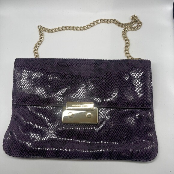 Michael Kors Sloan Purple Leather Snake Print Large Clutch - Picture 2 of 8